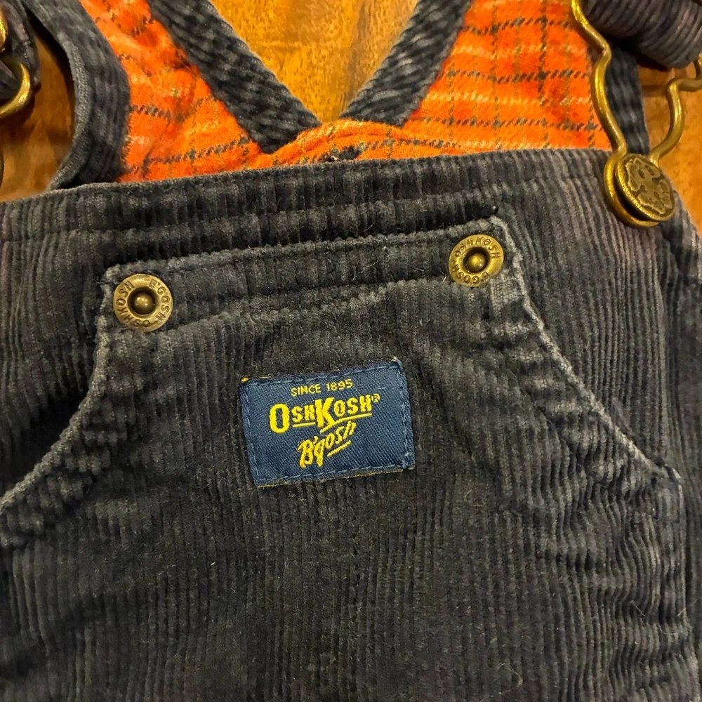 VTG OshKosh B'gosh‎ Navy Blue Corduroy Overalls 12M Plaid Lined Vestbak Boys